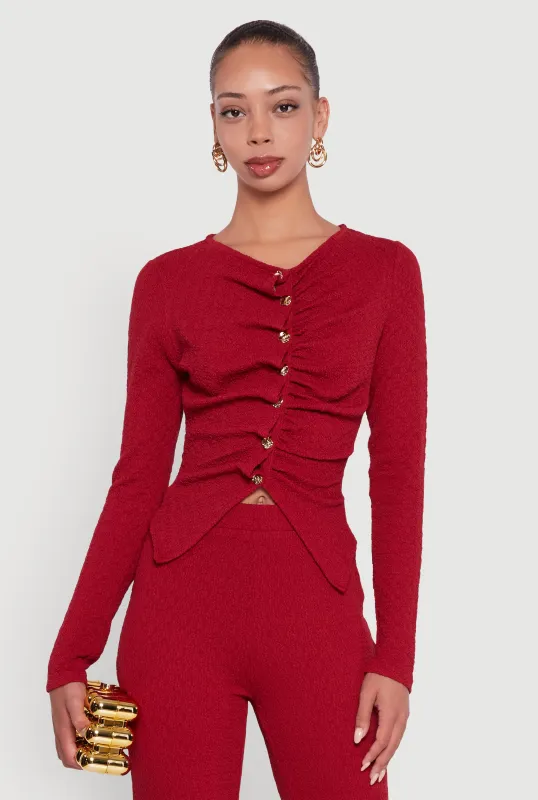 Textured Knit Metallic Button Front Ruched Crop Top sold by Rainbow