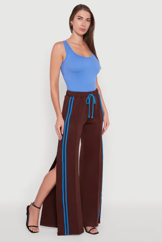Varsity Stripe Side Slit Pintuck Wide Leg Pants sold by Rainbow