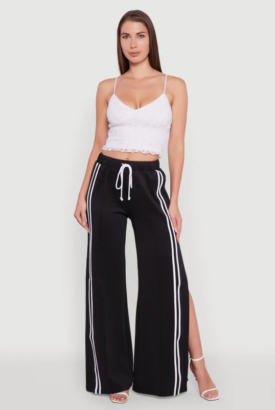 Varsity Stripe Side Slit Pintuck Wide Leg Pants sold by Rainbow