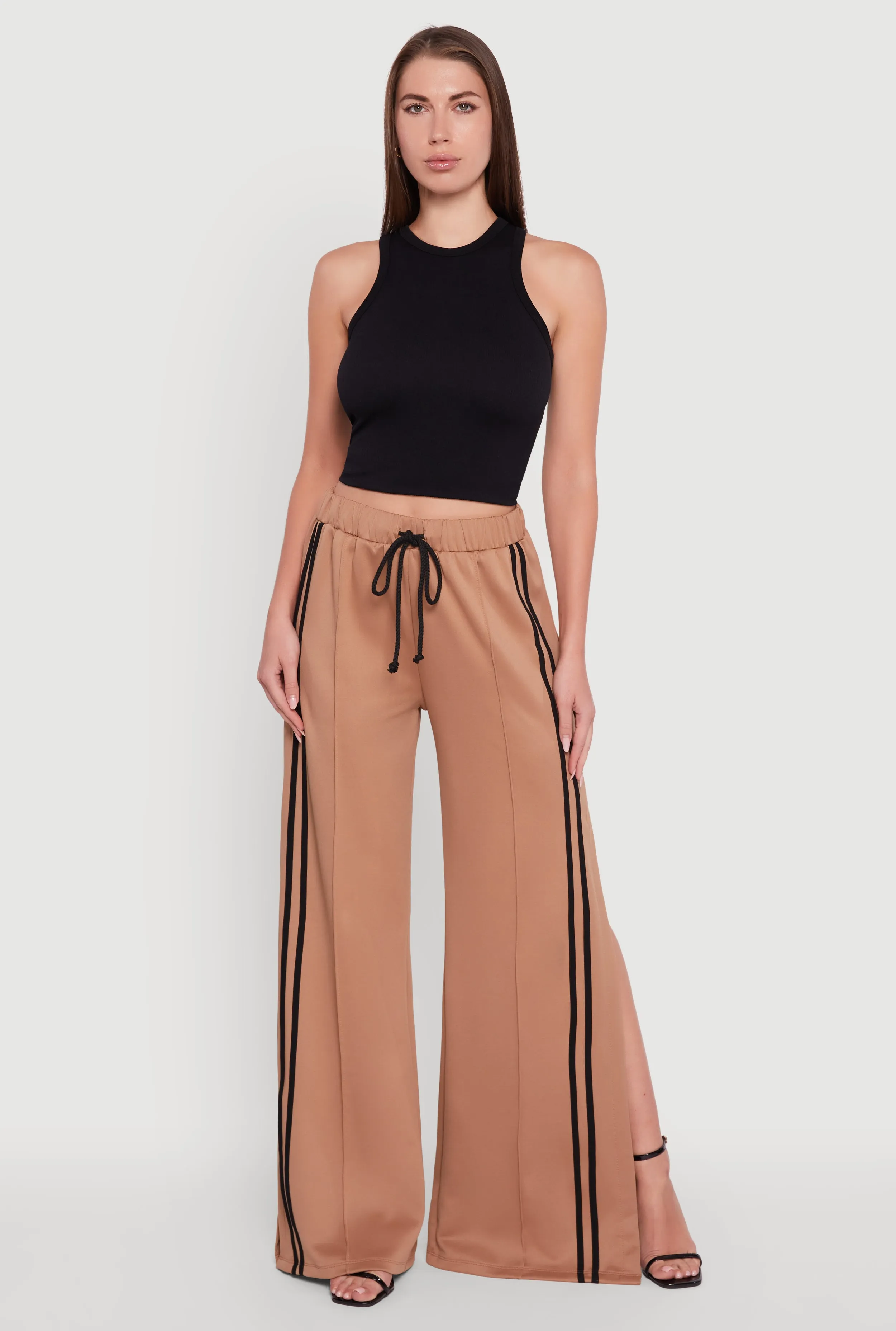 Varsity Stripe Side Slit Pintuck Wide Leg Pants sold by Rainbow