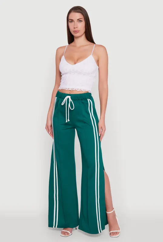 Varsity Stripe Side Slit Pintuck Wide Leg Pants sold by Rainbow