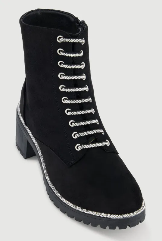Rhinestone Trim Lace Up Chunky Heel Combat Boots sold by Rainbow