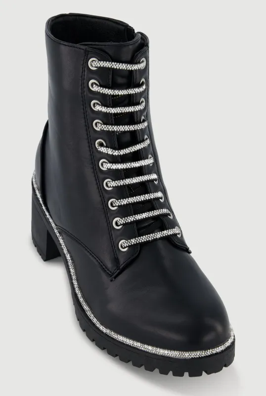 Rhinestone Trim Lace Up Chunky Heel Combat Boots sold by Rainbow