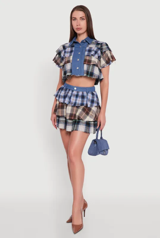 Denim Detail Raw Hem Plaid Mini Skirt sold by Rainbow