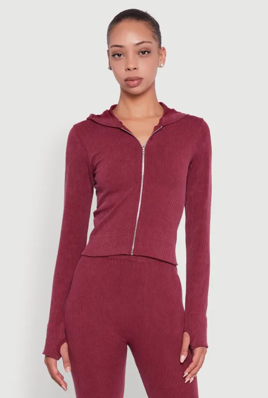 Acid Wash Ribbed Knit Hoodie with Thumb Holes sold by Rainbow