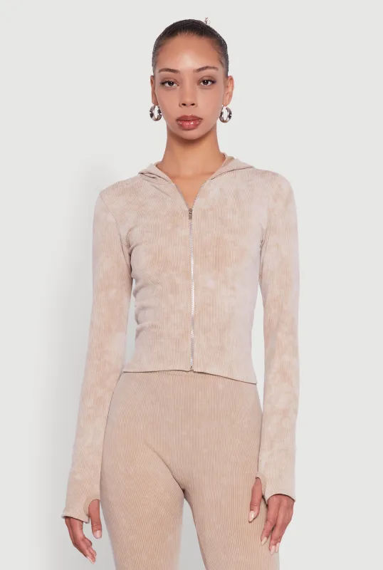 Acid Wash Ribbed Knit Hoodie with Thumb Holes sold by Rainbow