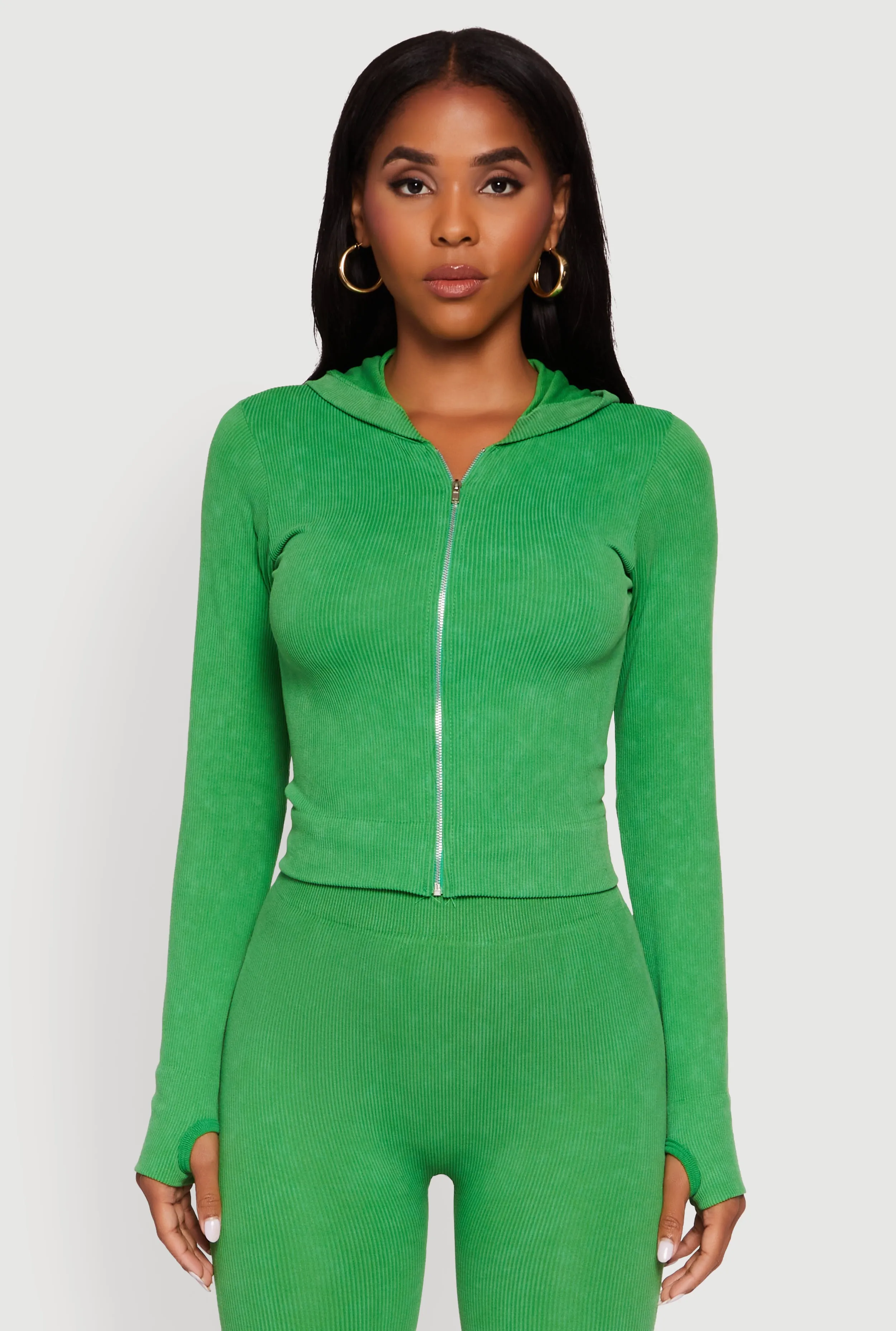 Acid Wash Ribbed Knit Hoodie with Thumb Holes sold by Rainbow product image thumbnail 4