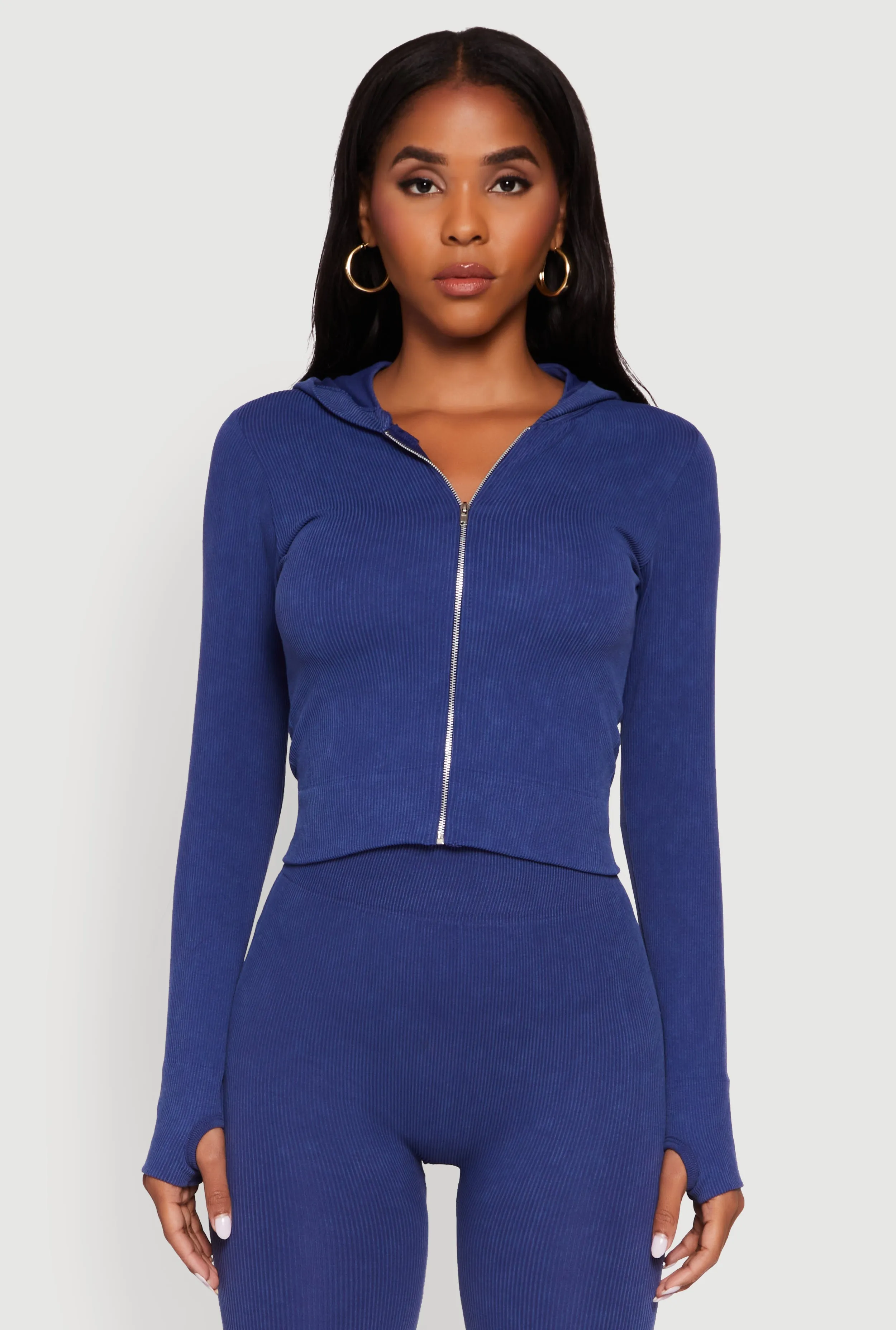 Acid Wash Ribbed Knit Hoodie with Thumb Holes sold by Rainbow product image thumbnail 5