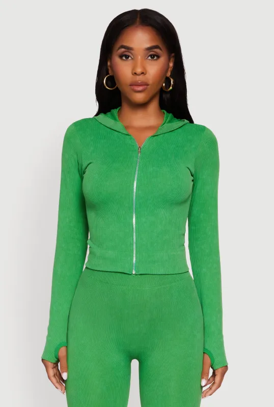 Acid Wash Ribbed Knit Hoodie with Thumb Holes sold by Rainbow