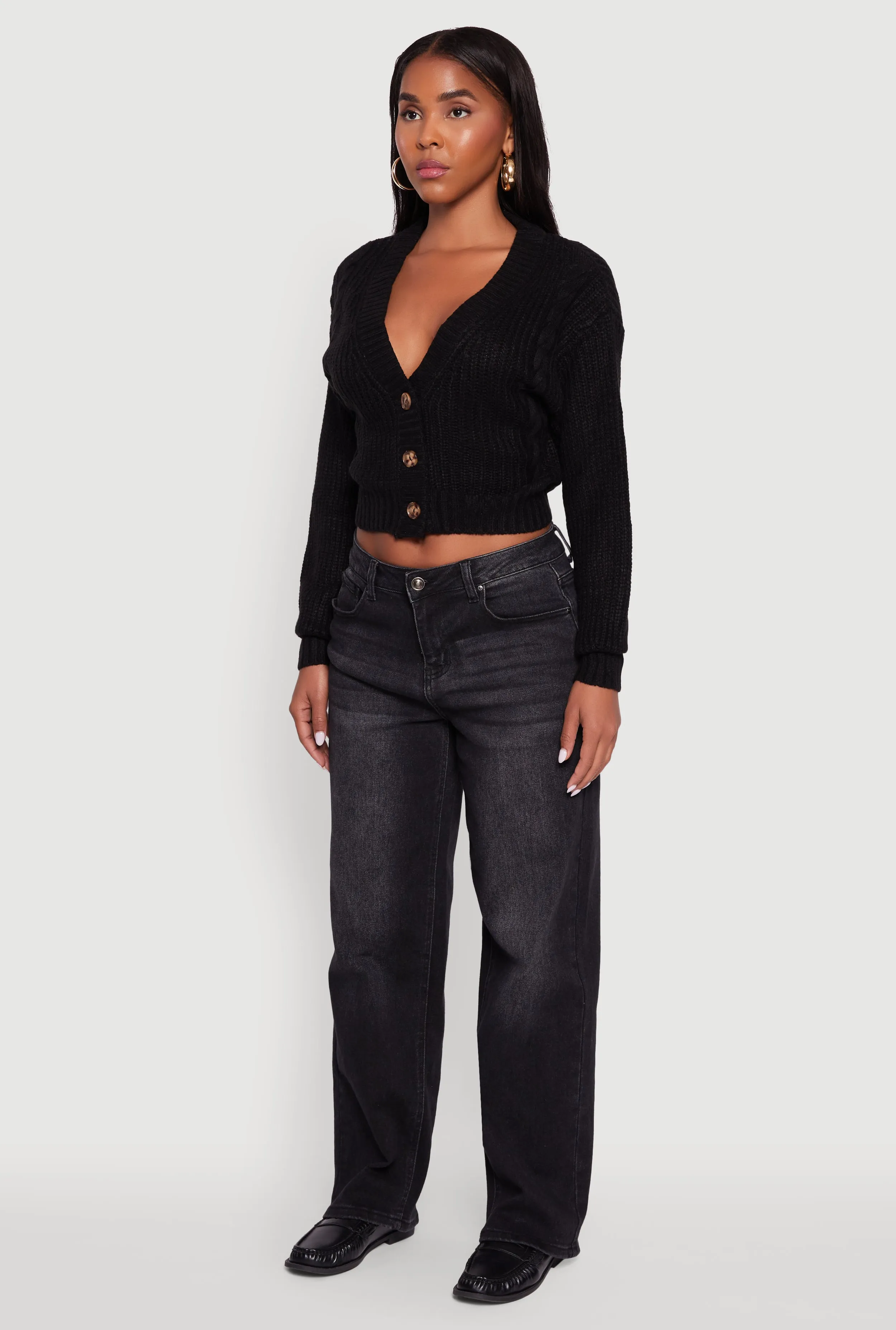 Cable Knit Cropped Button Front Long Sleeve Cardigan sold by Rainbow product image thumbnail 5