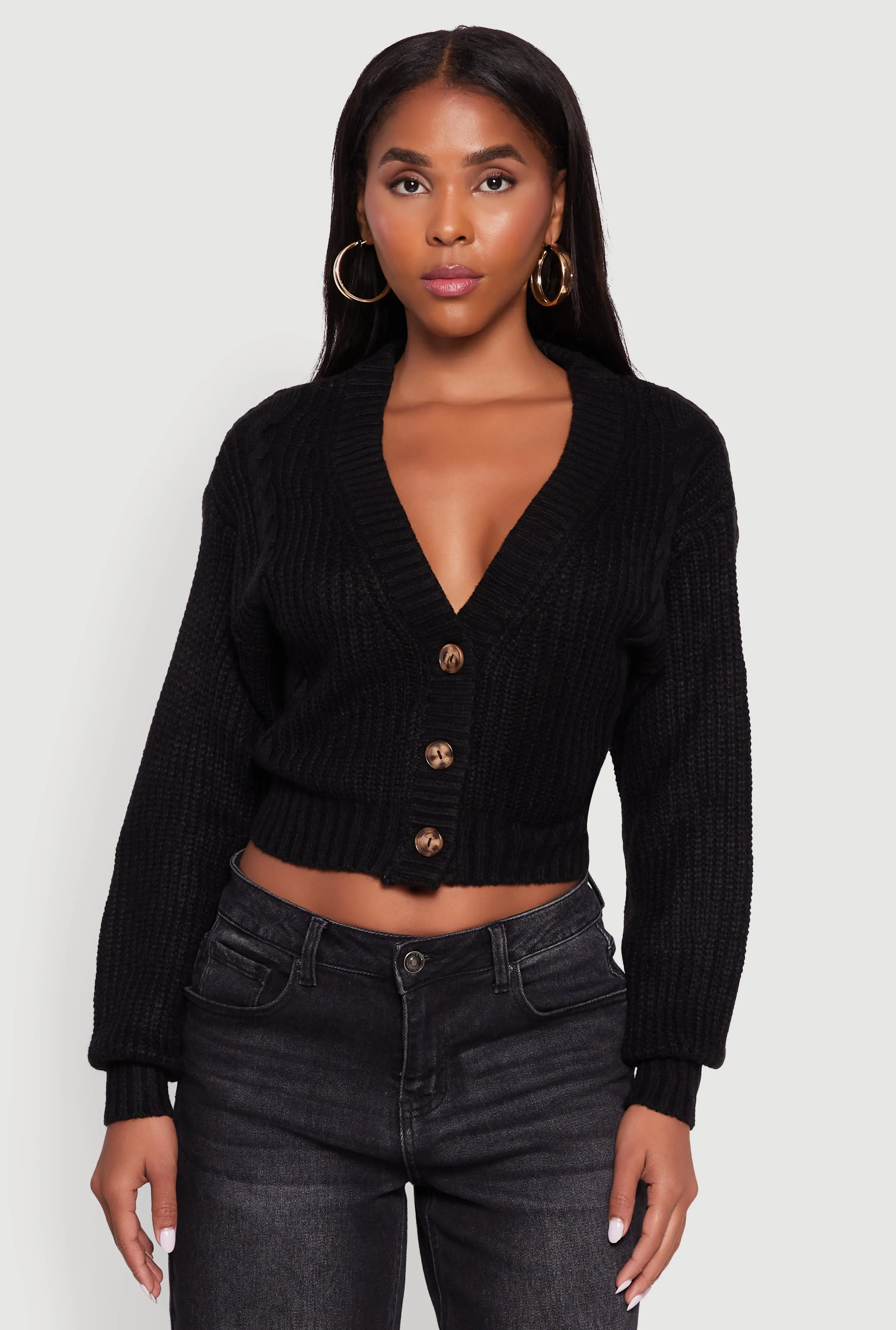 Cable Knit Cropped Button Front Long Sleeve Cardigan sold by Rainbow product image thumbnail 2