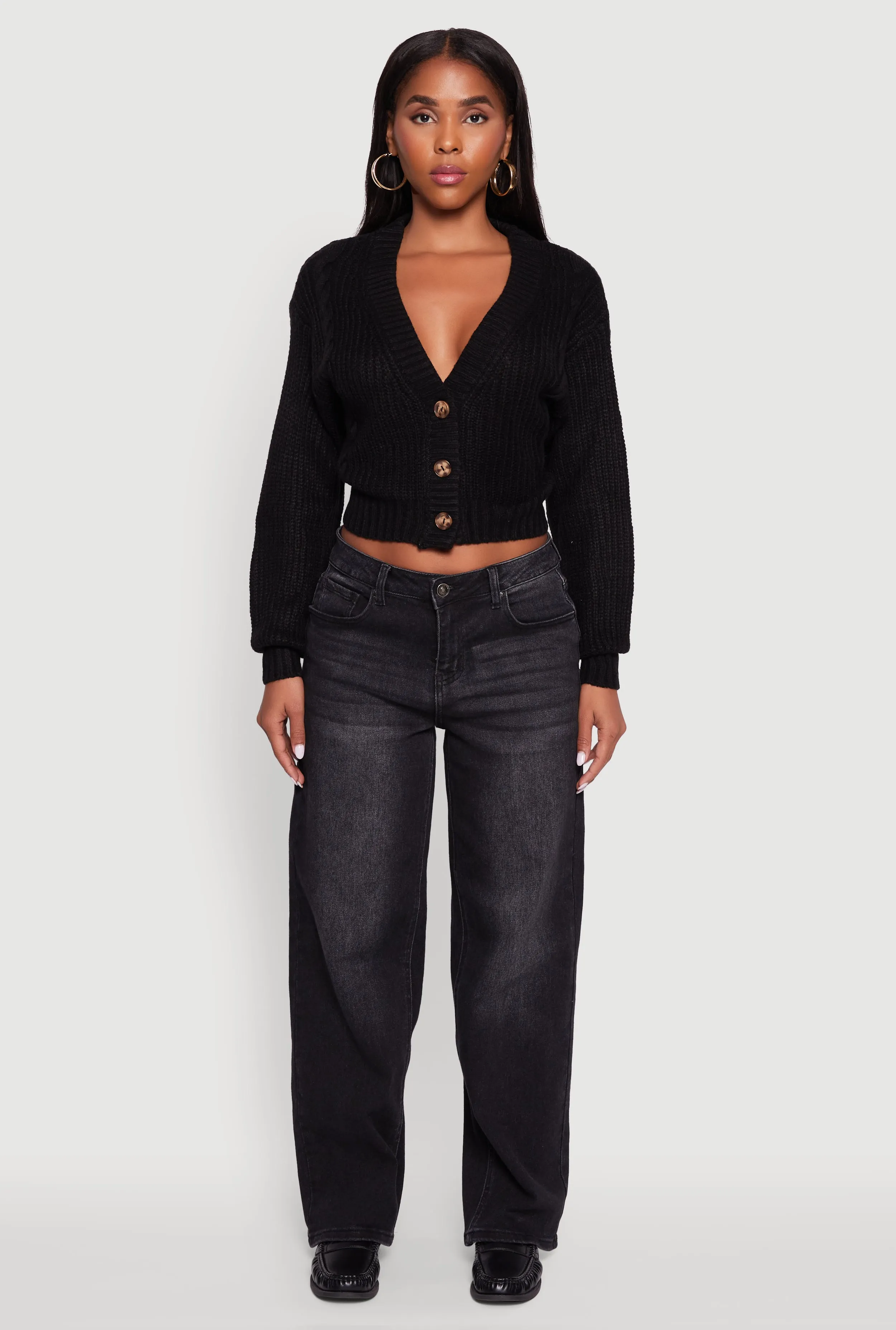 Cable Knit Cropped Button Front Long Sleeve Cardigan sold by Rainbow product image thumbnail 3