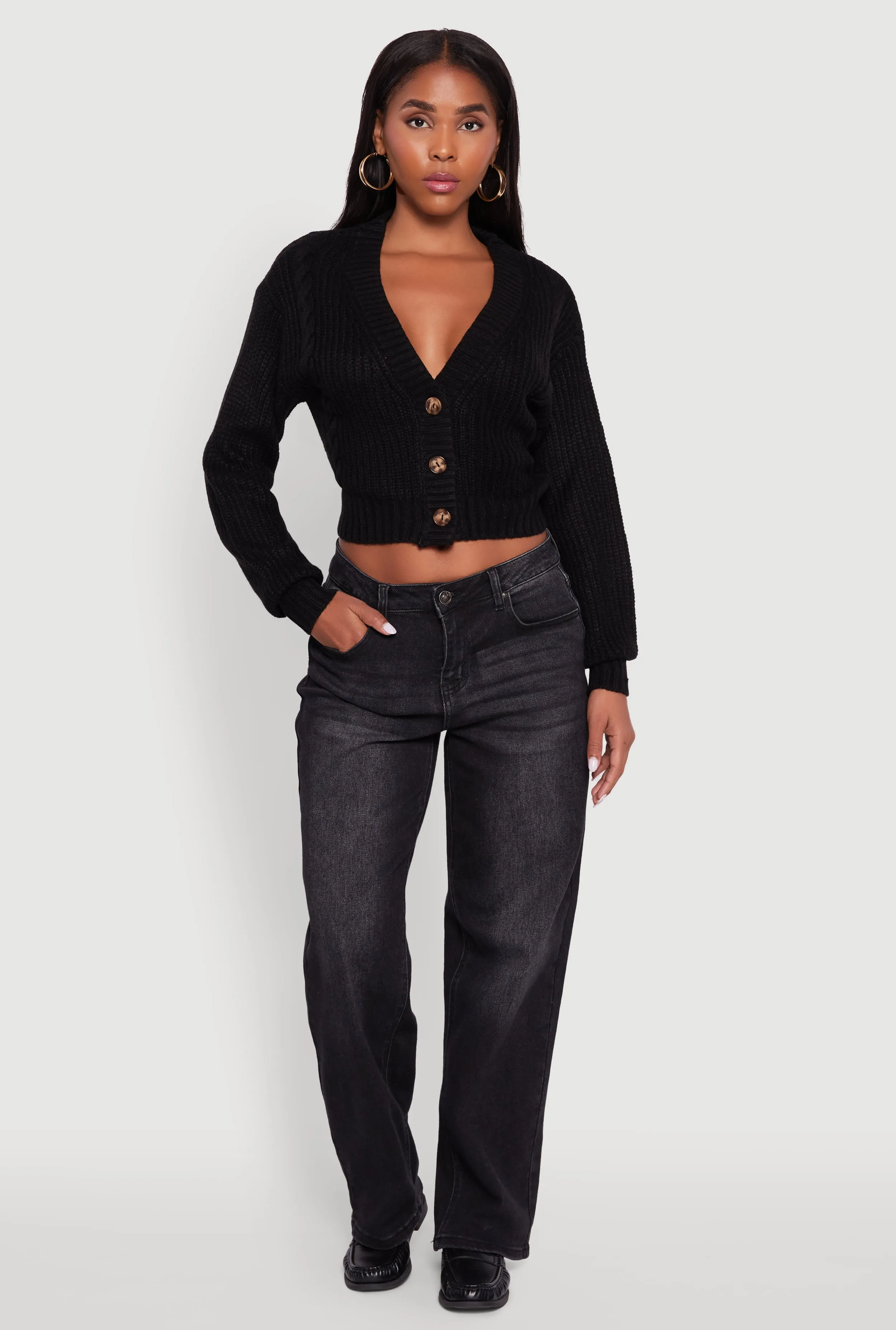 Cable Knit Cropped Button Front Long Sleeve Cardigan sold by Rainbow