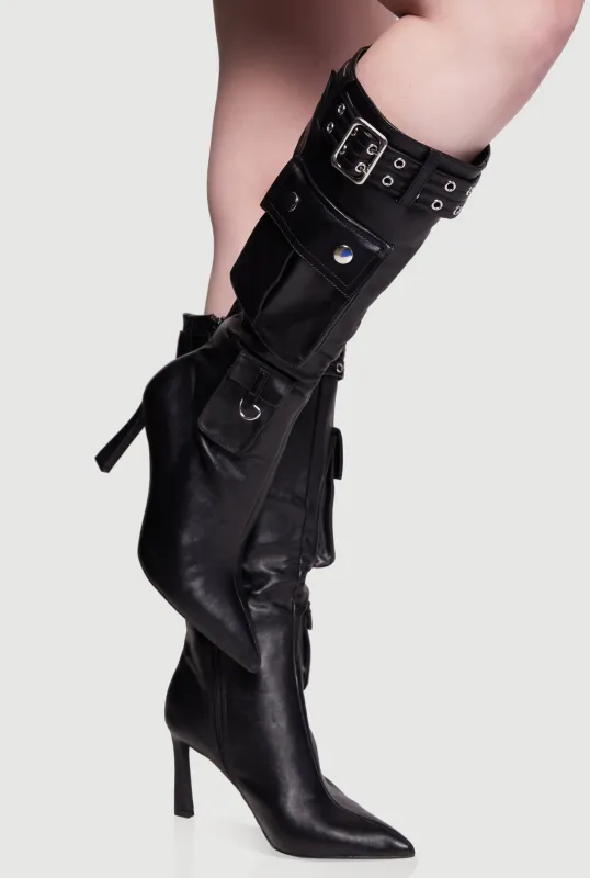 Belt Detail Cargo Pocket Pointed Toe High Heel Boots sold by Rainbow