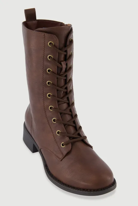 Trendy Faux Leather Side Zip Lace Up Combat Boots sold by Rainbow