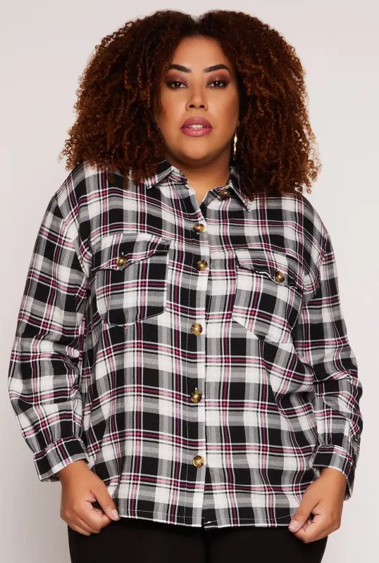 Plus Size Plaid Button Front Long Sleeve Shirt sold by Rainbow