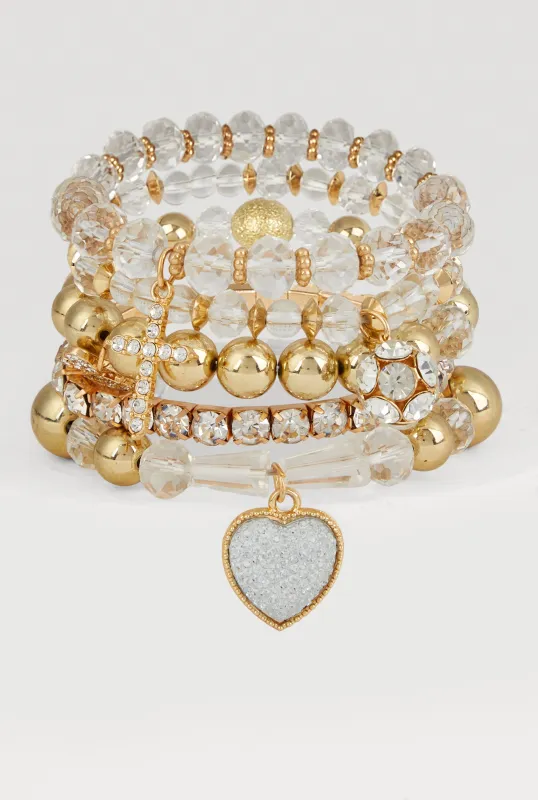 Heart Charm Beaded Stretch Bracelets Set of 6 sold by Rainbow