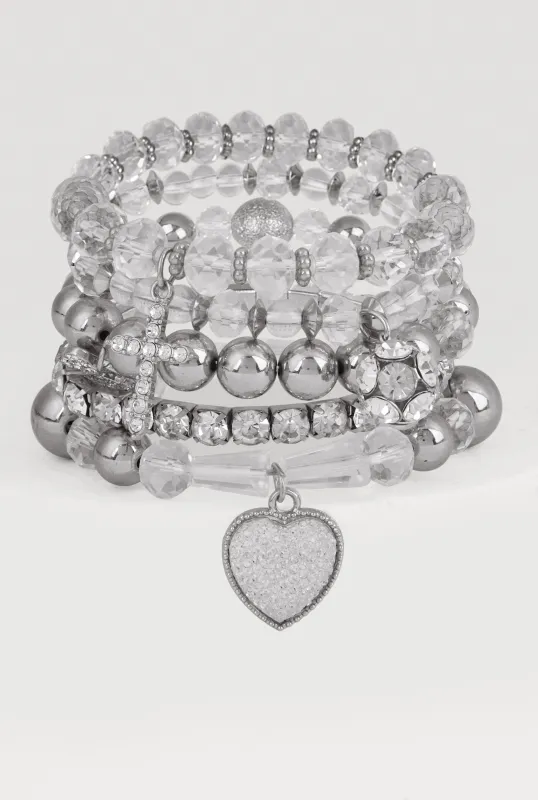 Heart Charm Beaded Stretch Bracelets Set of 6 sold by Rainbow