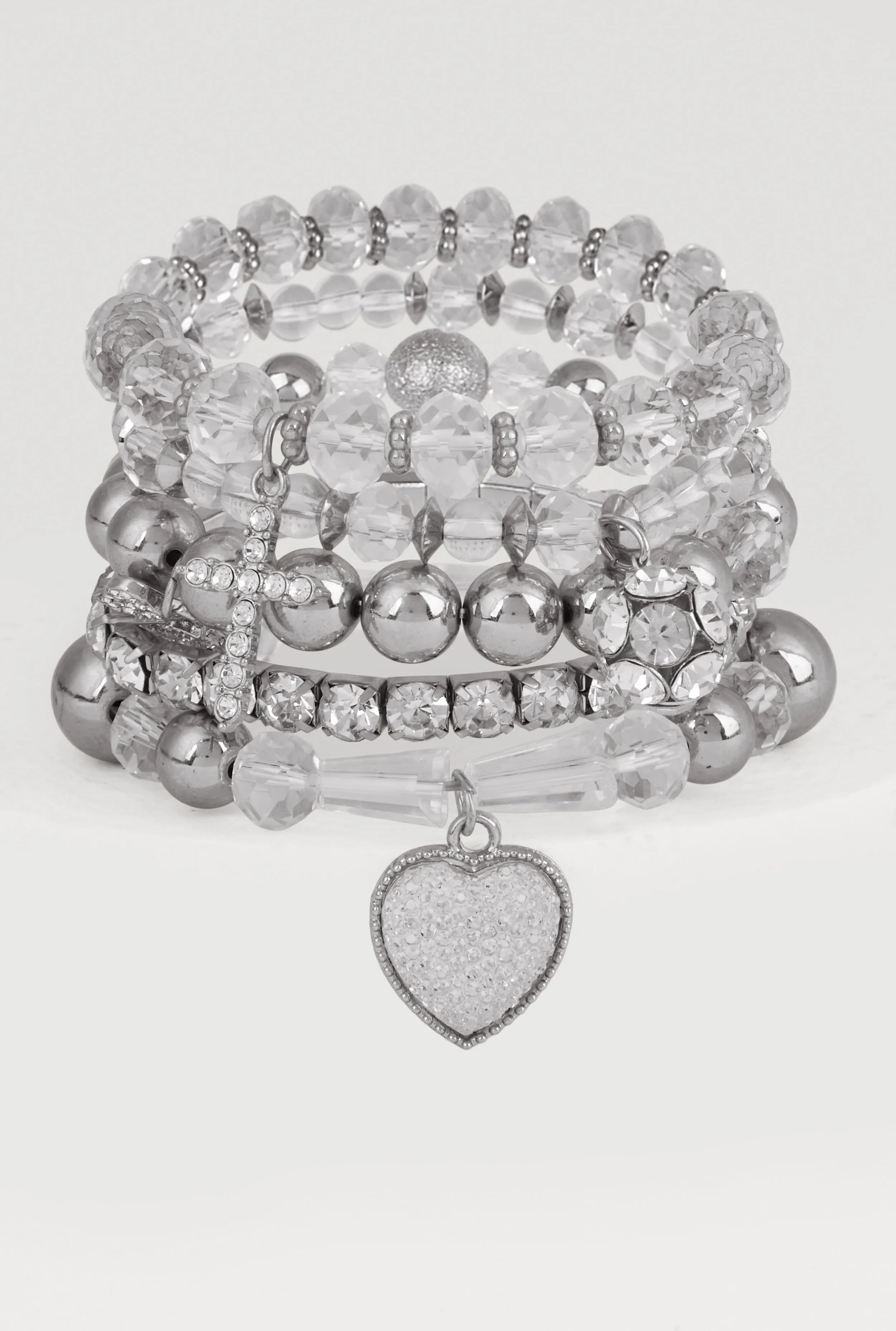 Heart Charm Beaded Stretch Bracelets Set of 6 sold by Rainbow