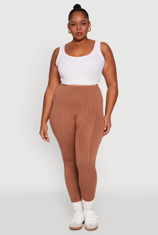 Plus Size High Waisted Fleece Lined Textured Knit Leggings sold by Rainbow