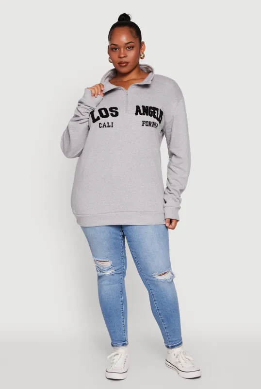 Plus Size Chenille Los Angeles Graphic Quarter Zip Sweatshirt sold by Rainbow
