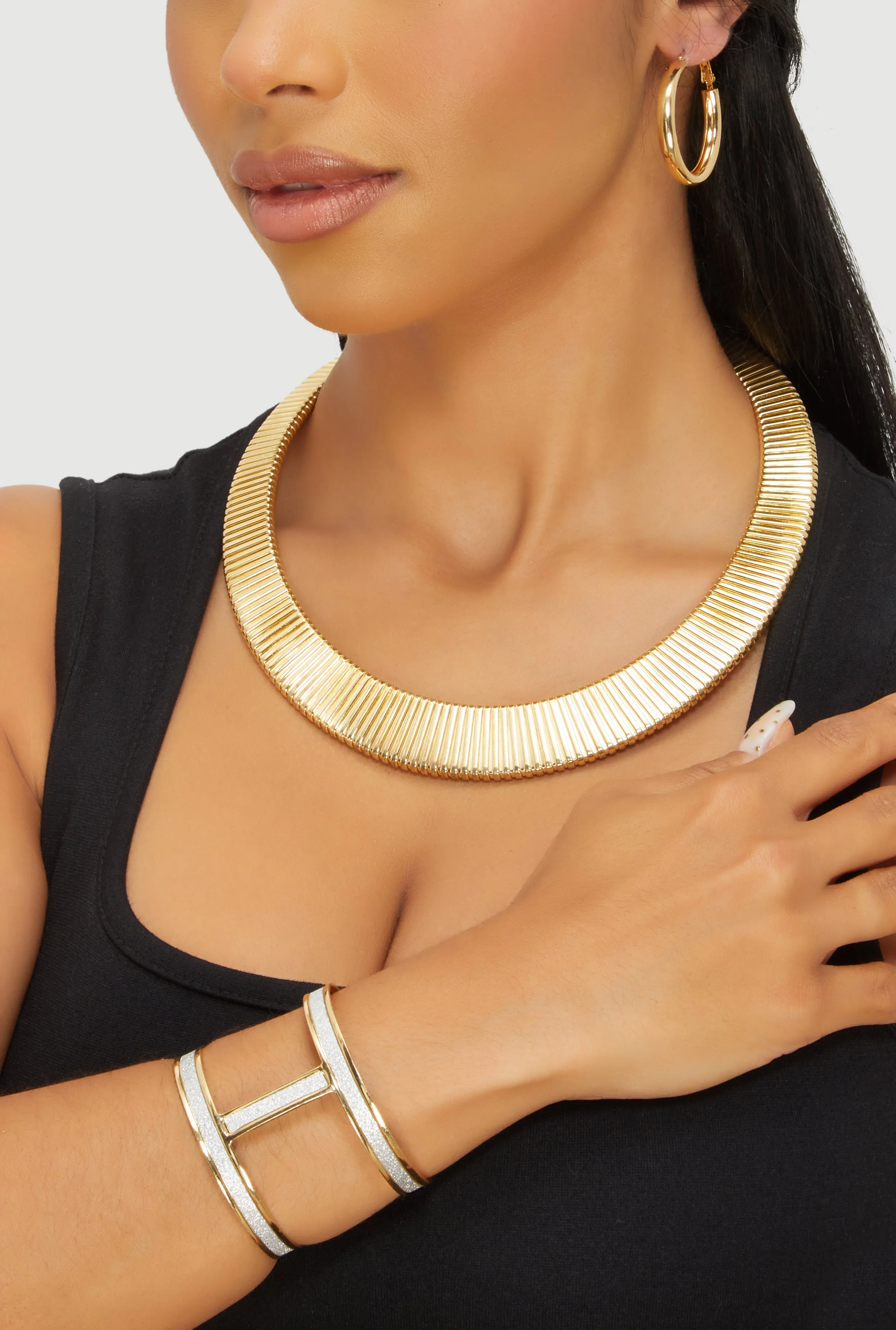 Metallic Ribbed Choker Necklace with Bangle and Earrings Set sold by Rainbow product image thumbnail 2