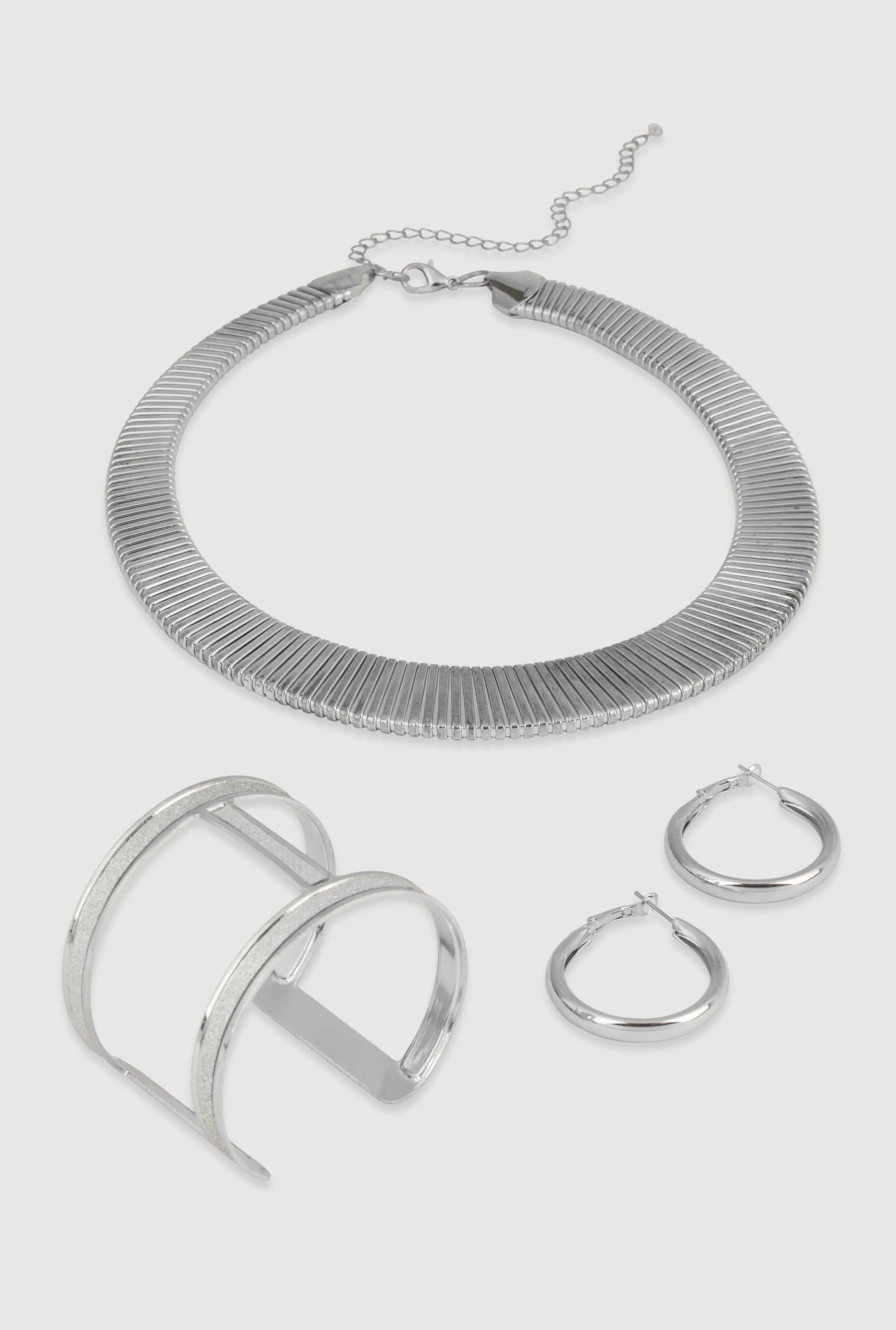 Metallic Ribbed Choker Necklace with Bangle and Earrings Set sold by Rainbow