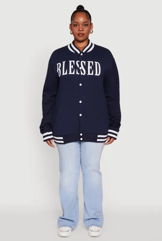Plus Size Fleece Lined Varsity Stripe Blessed Graphic Bomber Jacket sold by Rainbow