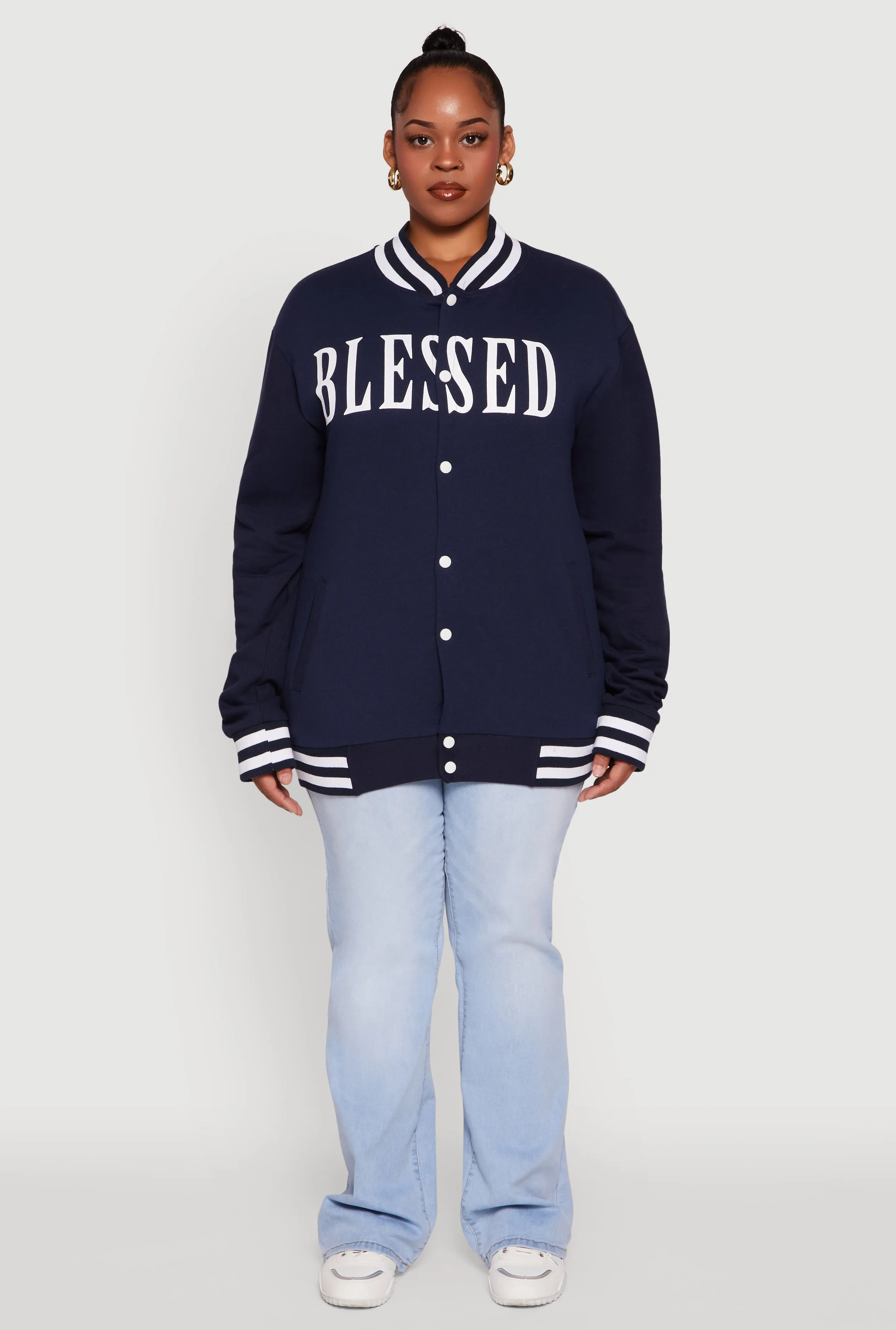 Plus Size Fleece Lined Varsity Stripe Blessed Graphic Bomber Jacket sold by Rainbow