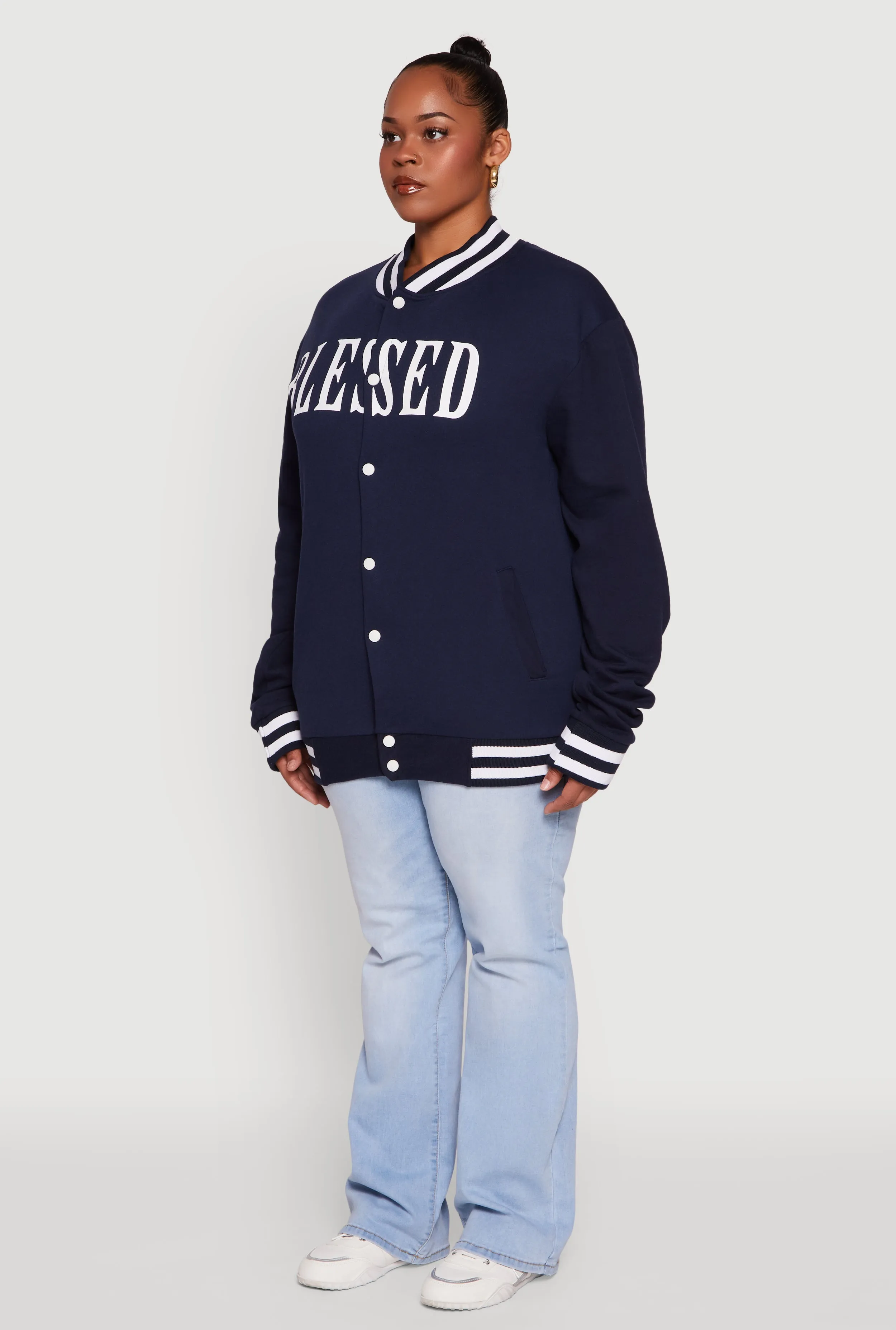 Plus Size Fleece Lined Varsity Stripe Blessed Graphic Bomber Jacket sold by Rainbow product image thumbnail 5