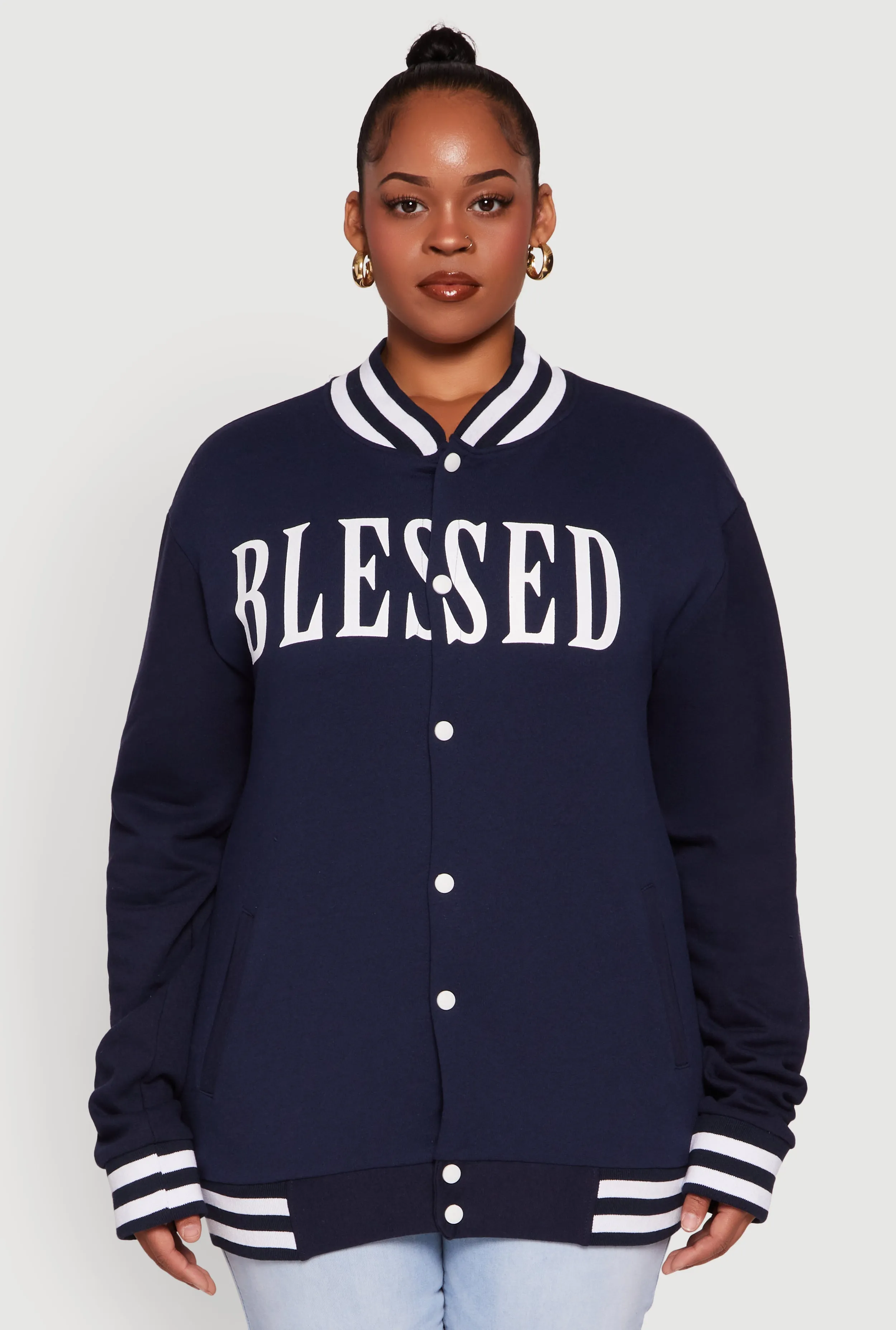 Plus Size Fleece Lined Varsity Stripe Blessed Graphic Bomber Jacket sold by Rainbow product image thumbnail 2