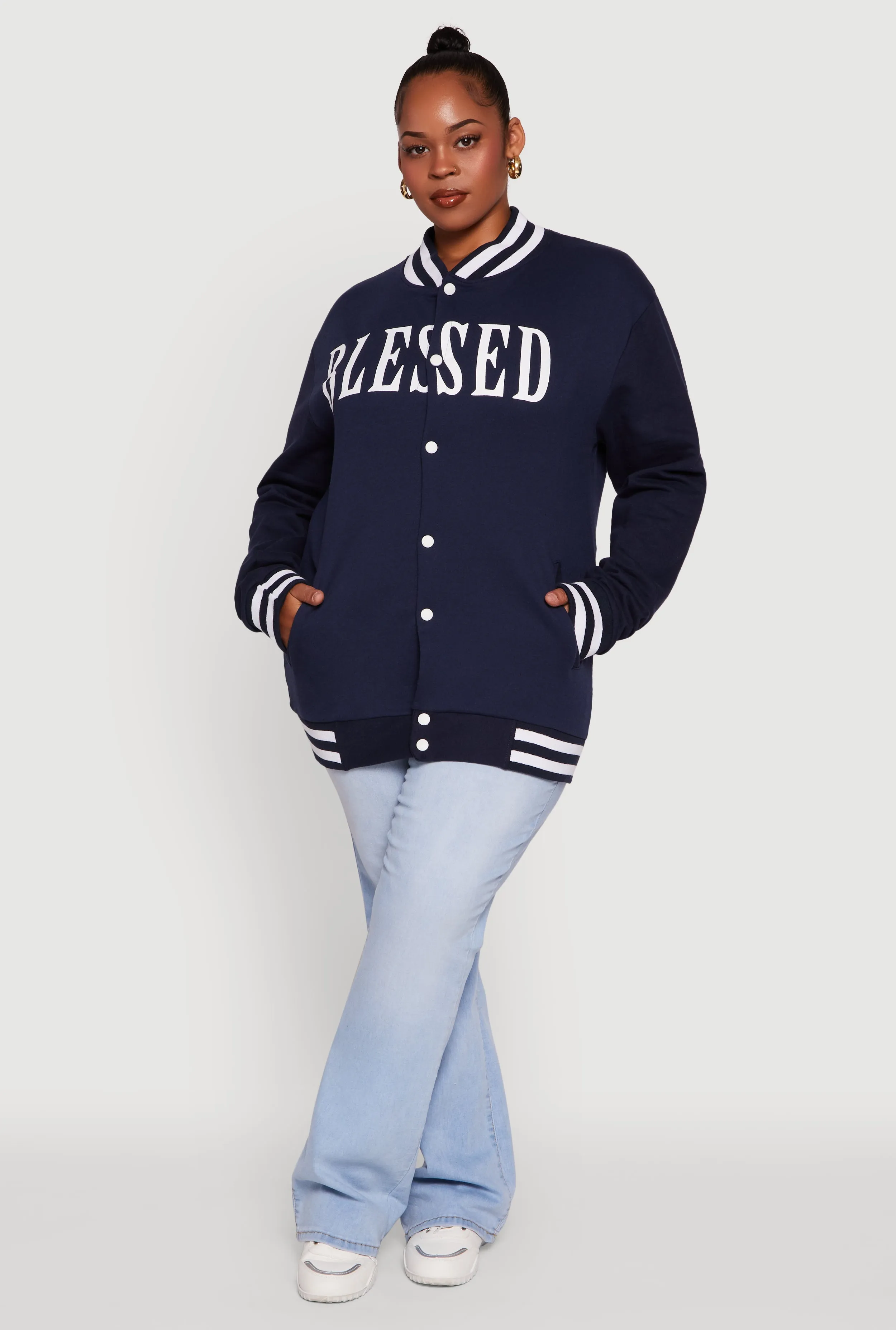Plus Size Fleece Lined Varsity Stripe Blessed Graphic Bomber Jacket sold by Rainbow product image thumbnail 3