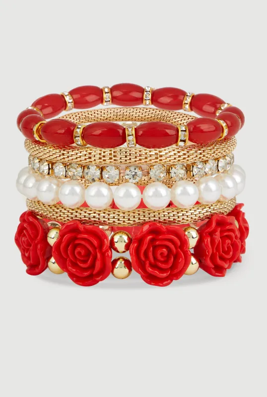 Rose Beaded Faux Pearl Metallic Stretch Bracelets Set of 6 sold by Rainbow