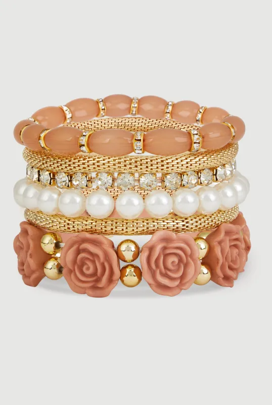 Rose Beaded Faux Pearl Metallic Stretch Bracelets Set of 6 sold by Rainbow