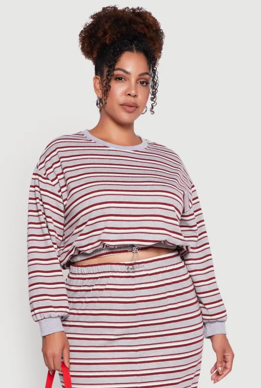Plus Size Striped Cropped Toggle Drawstring Hem Sweatshirt sold by Rainbow