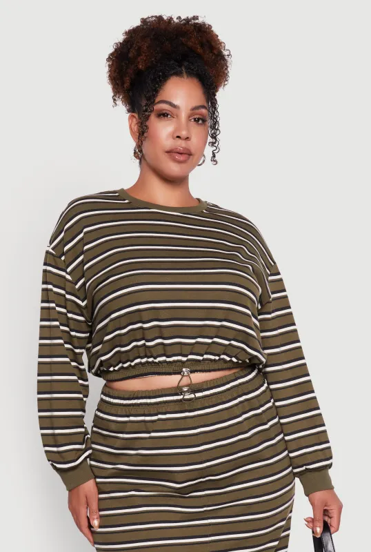 Plus Size Striped Cropped Toggle Drawstring Hem Sweatshirt sold by Rainbow