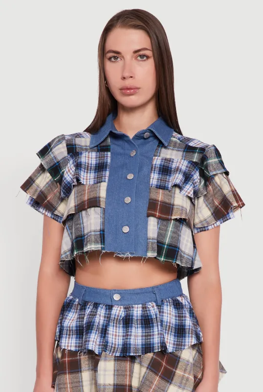 Cropped Denim Detail Raw Hem Plaid Tiered Shirt sold by Rainbow