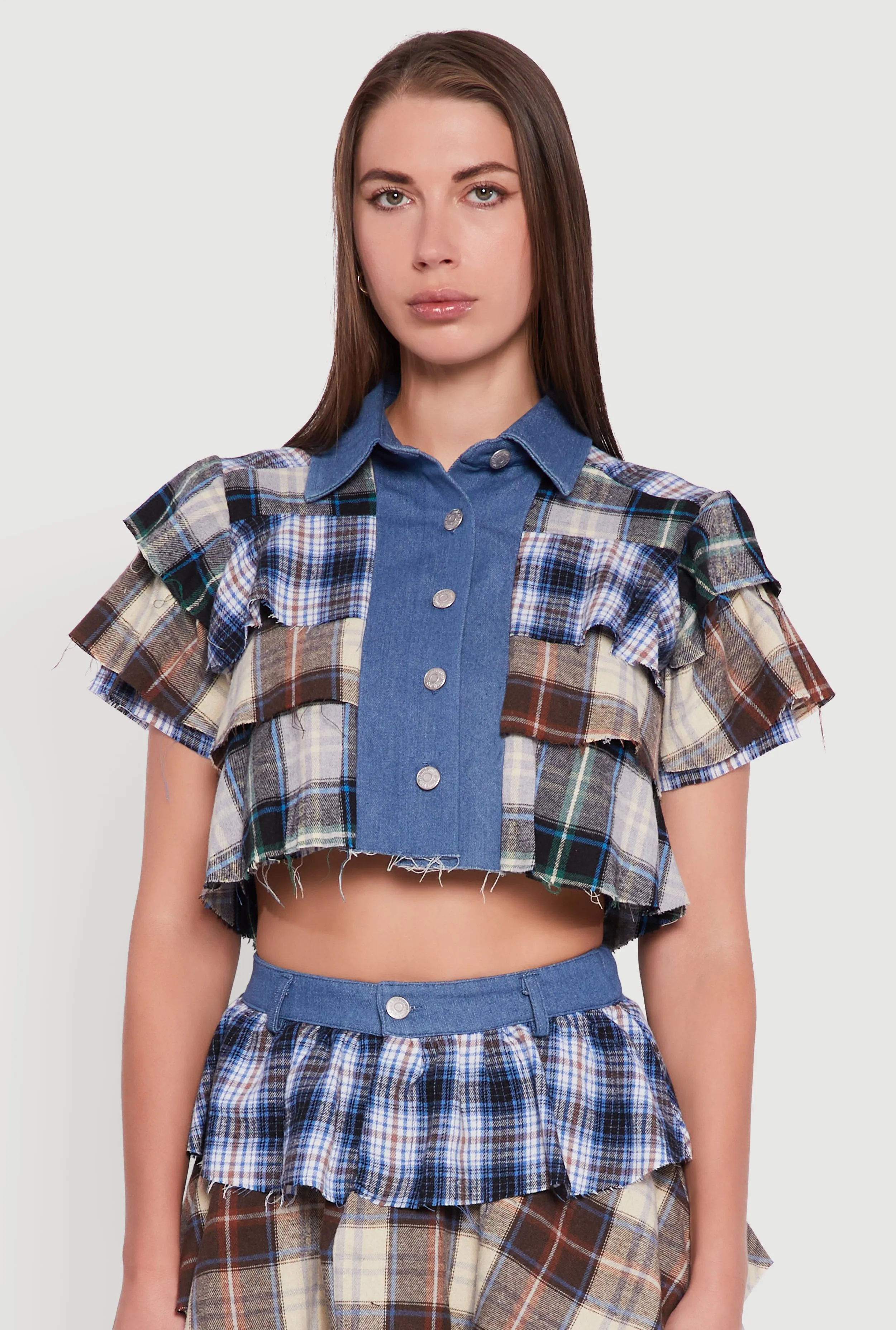 Cropped Denim Detail Raw Hem Plaid Tiered Shirt sold by Rainbow