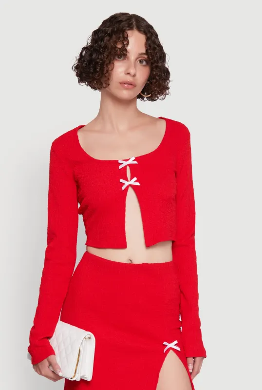 Textured Knit Bow Crop Top with Slit Front sold by Rainbow