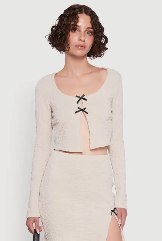 Textured Knit Bow Crop Top with Slit Front sold by Rainbow