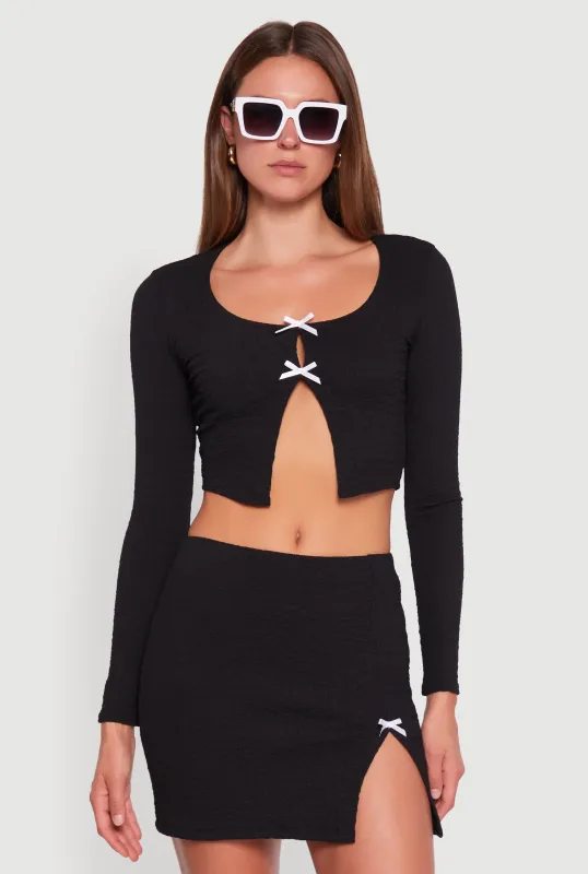 Textured Knit Bow Crop Top with Slit Front sold by Rainbow