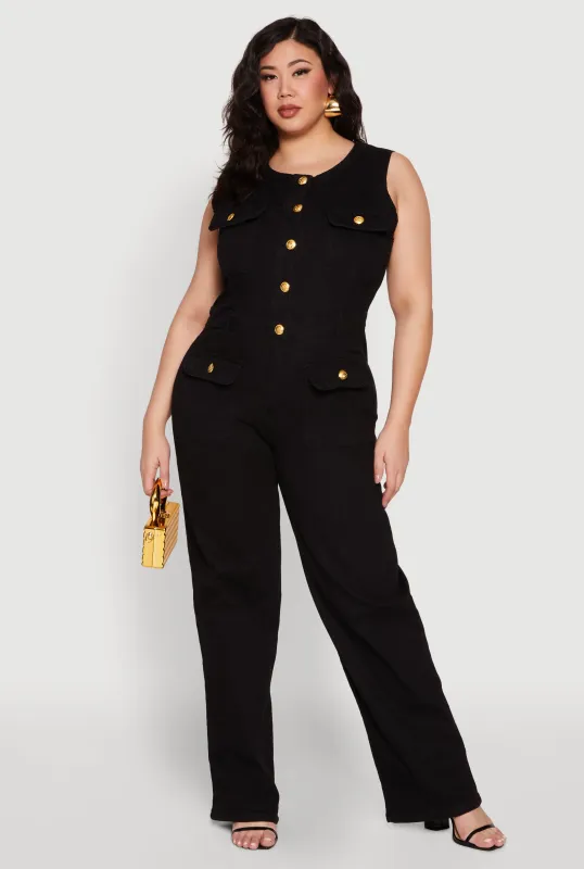 Plus Size Daisy Sleeveless Button Front Denim Jumpsuit sold by Rainbow