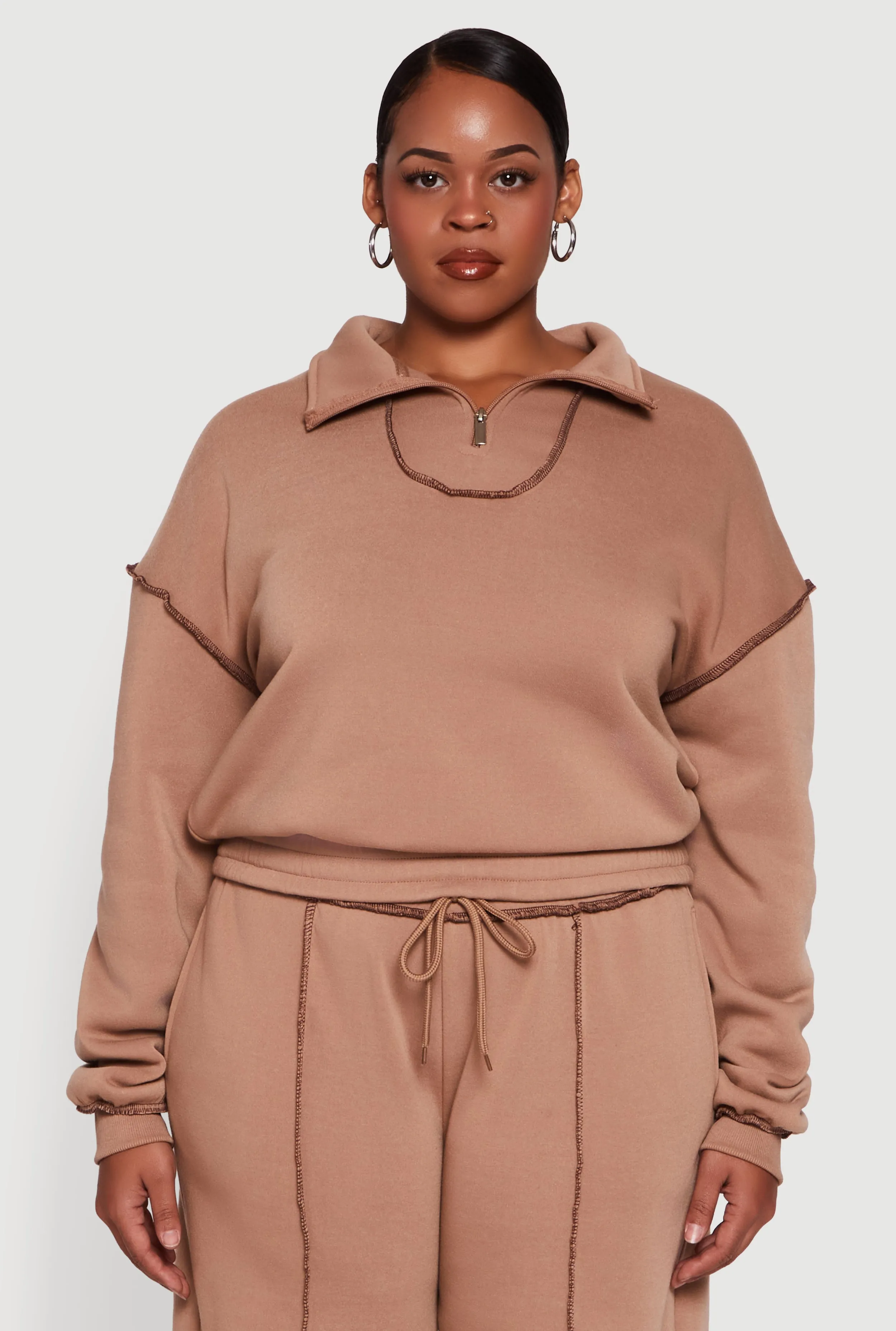 Plus Size Half Zip Decorative Stitch Fleece Lined Sweatshirt sold by Rainbow