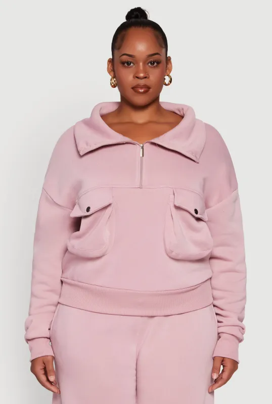 Plus Size Half Zip Collared Cargo Pocket Sweatshirt sold by Rainbow