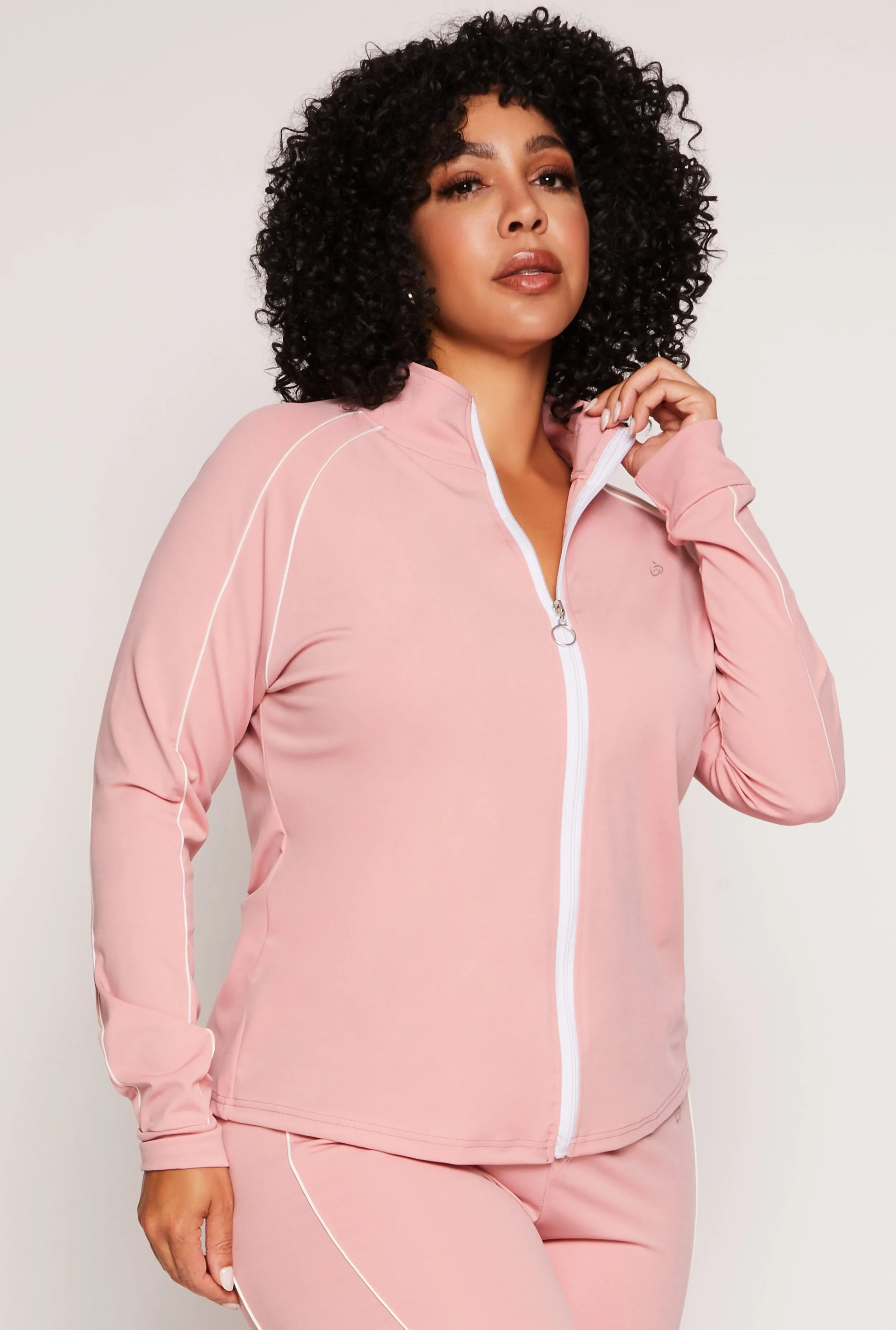 Plus Size Contrast Piping Zip Front Track Jacket sold by Rainbow