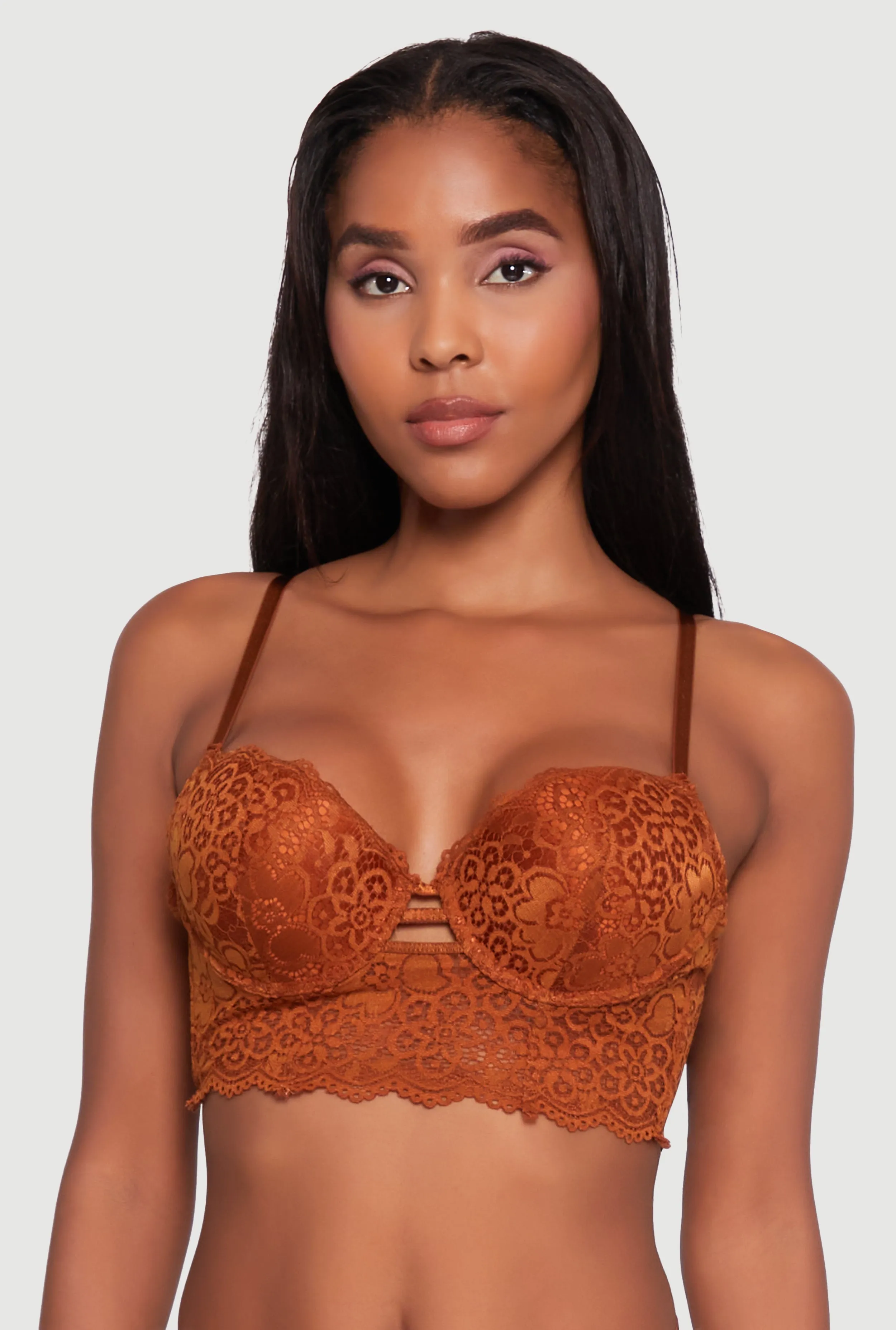 Floral Lace Caged Front Longline Push Up Bra sold by Rainbow