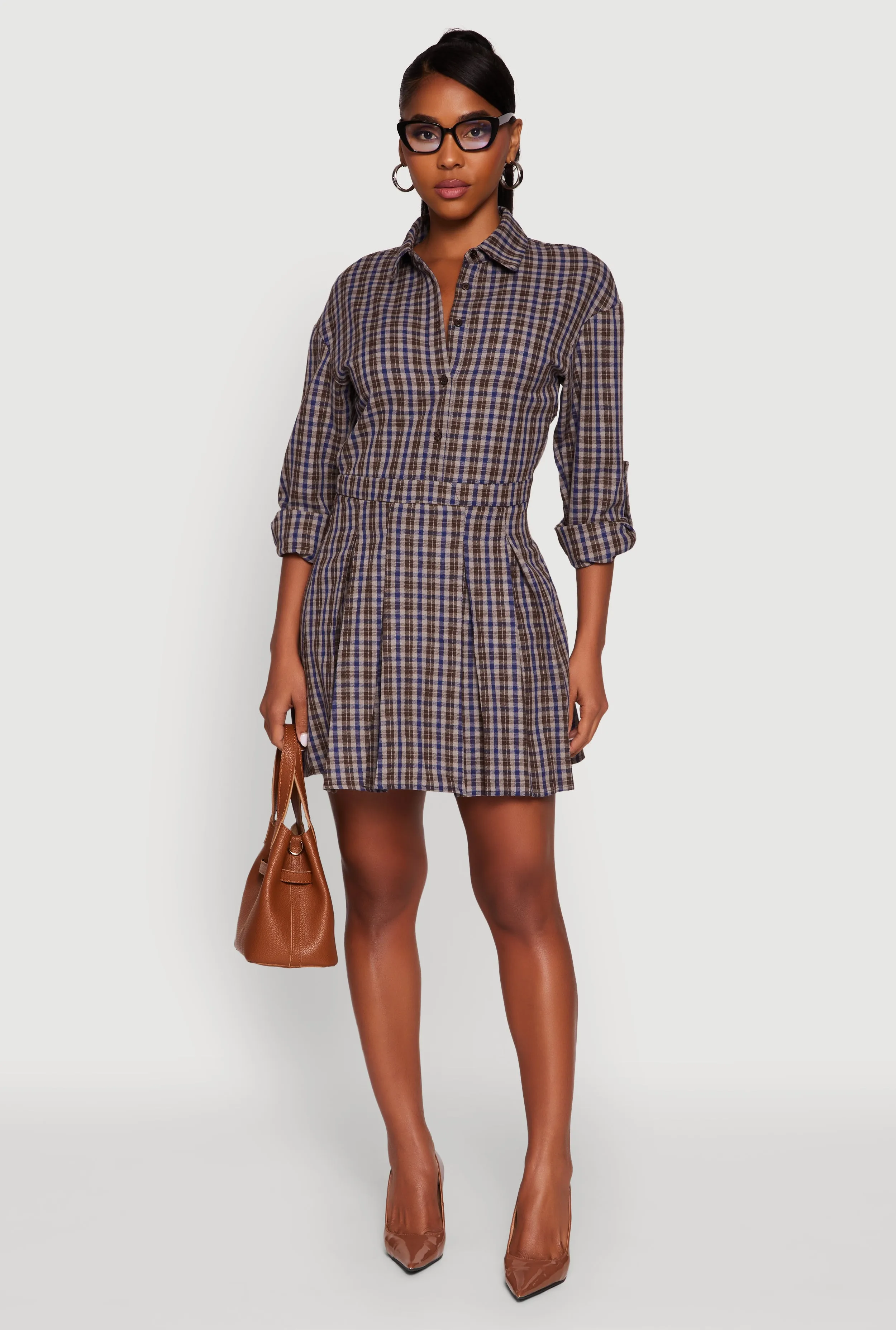Plaid Tabbed Sleeve Button Front Shirt Dress sold by Rainbow product image thumbnail 2
