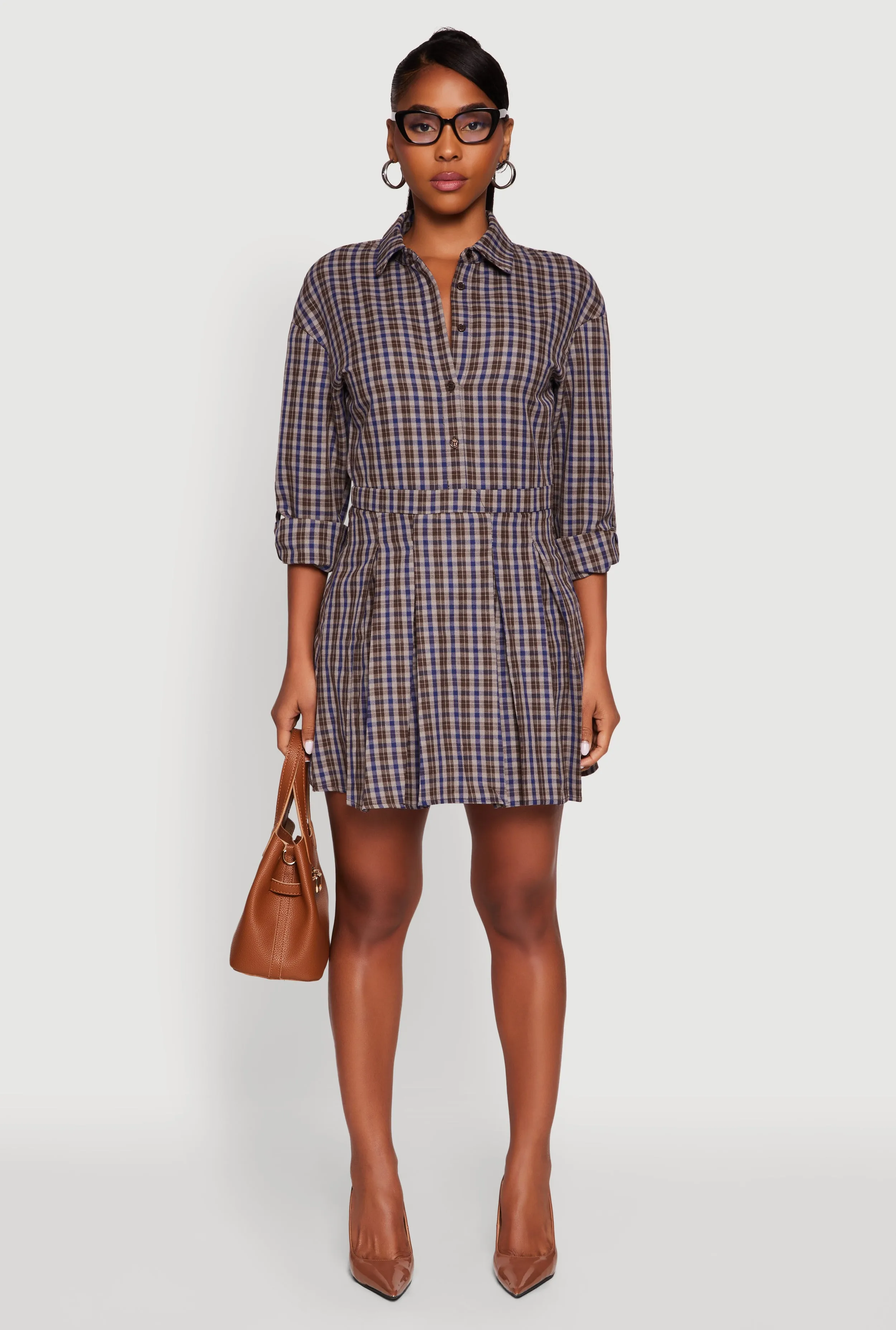Plaid Tabbed Sleeve Button Front Shirt Dress sold by Rainbow