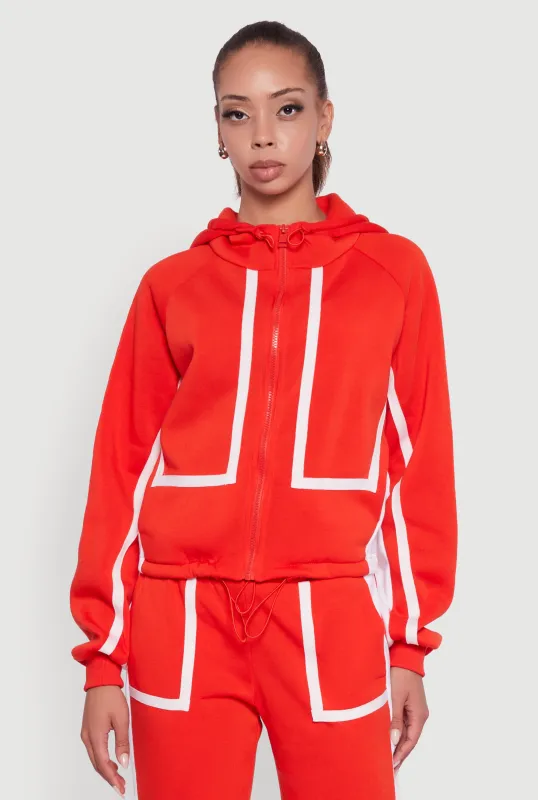 Contrast Trim Zip Front Toggle Drawstring Hoodie sold by Rainbow