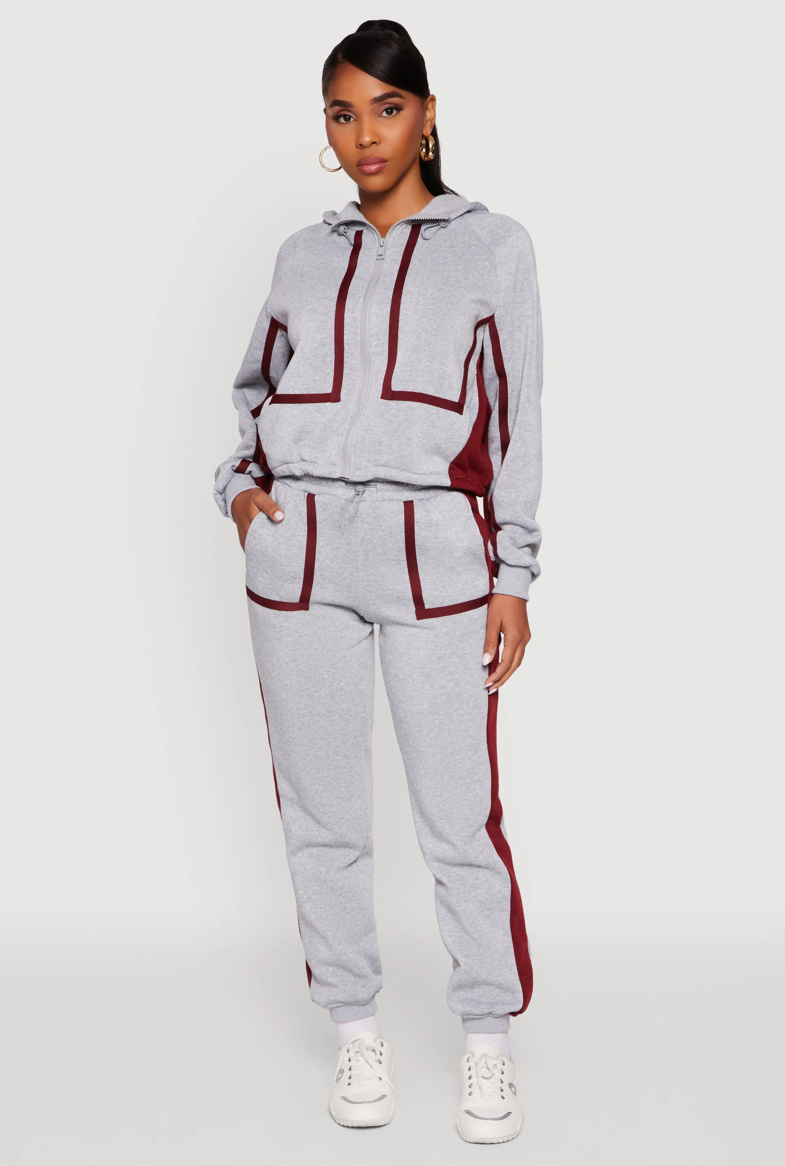 Contrast Trim Zip Front Toggle Drawstring Hoodie sold by Rainbow product image thumbnail 3